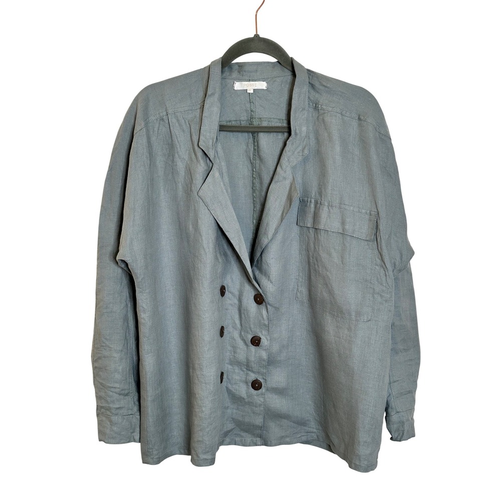 Posse Double Breasted Linen Jacket Size S Sage Green Relaxed Fit Lightweight